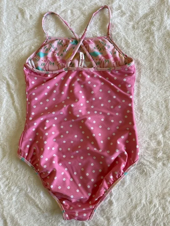 Hanna Andersson Pink Polka Dot Girls One-Piece Swimsuit with Heart Accent SZ 150 - Picture 2 of 4